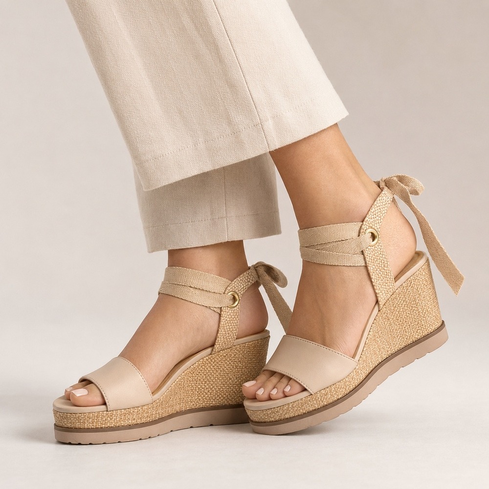 Soda Womens Cream Ankle Tie Platform Wedge Sandals Woven Raffia Size 10 - Picture 2 of 16
